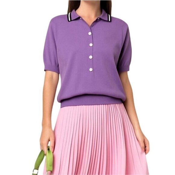 Plan C Striped Collar Cotton Knit Polo, Lavender, Size 42 IT, New with tag - Picture 3 of 15